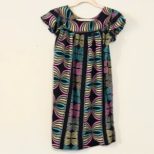 Colorful Geometric Print Shift Dress Flutter Sleeve Mini Dress Black Multicolor
